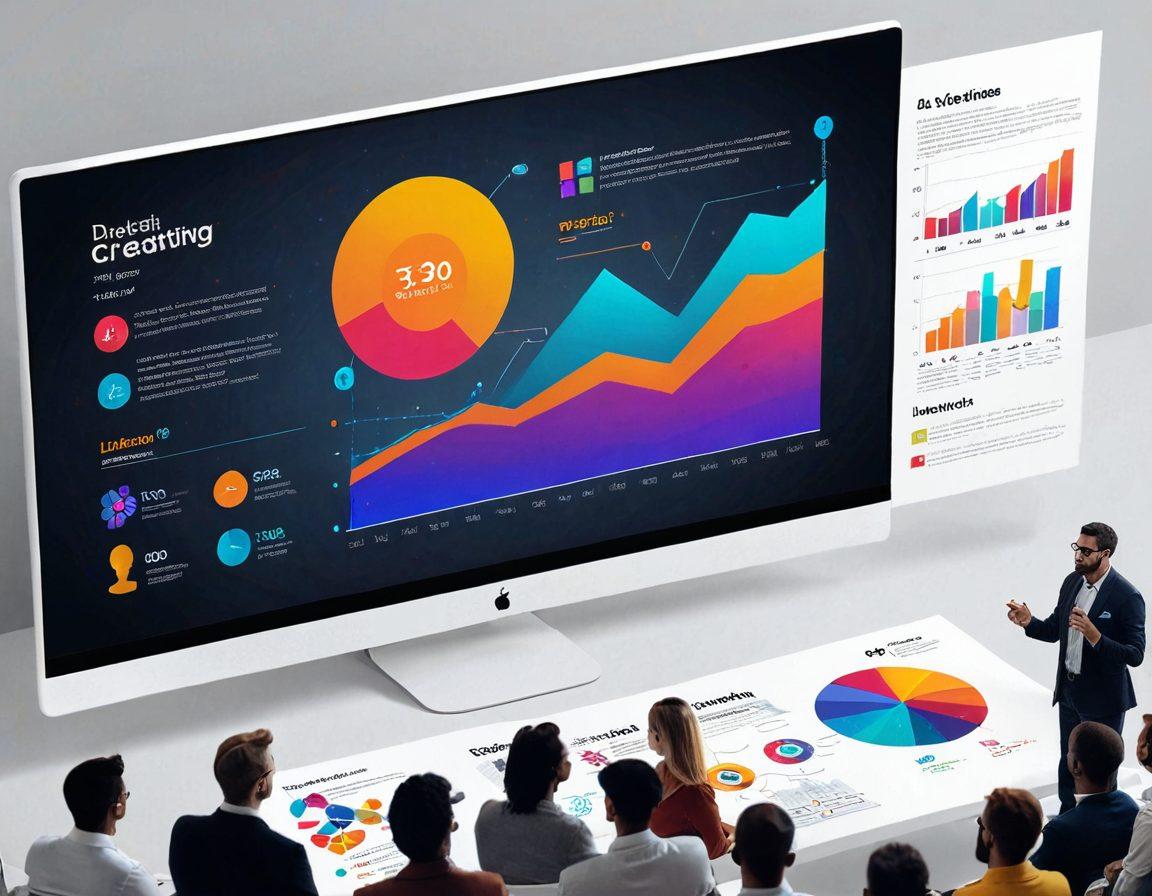 A beautifully designed presentation slide with a captivating visual layout, featuring vibrant colors, engaging graphics, and an audience of diverse individuals captivated by the screen. Include elements like charts and creative icons to signify data storytelling. The atmosphere should be energetic and inspiring, symbolizing creativity and innovation. super-realistic. vibrant colors. 3D.
