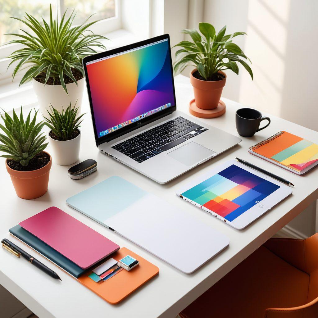 A sleek, modern workspace featuring a glowing laptop with elegant slide designs on the screen, surrounded by vibrant design tools like sketchpads, color swatches, and digital tablets. Soft lighting casts warm shadows, highlighting creativity in every corner. Include a potted plant for a touch of nature. super-realistic. vibrant colors. white background.
